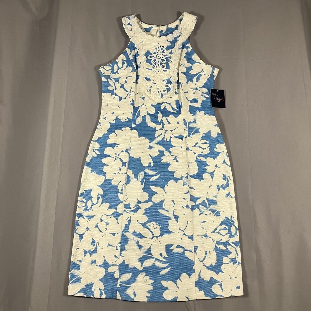 Just Taylor Dress‎ Womens 4 Blue White Floral Lace Sheath Sleeveless Party